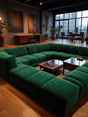 A sunken lounge featuring a mix of vintage and modern furniture, bold patterns, and unique décor items.