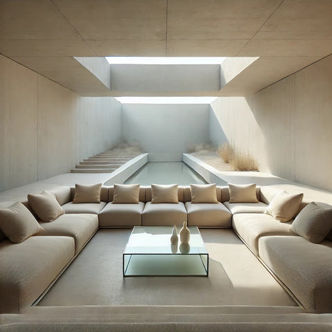 A sunken lounge featuring a neutral colour palette with beige sofas and a glass coffee table